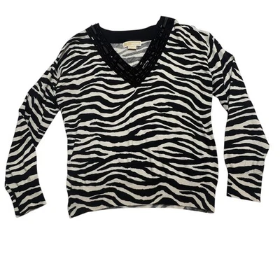 Blusa suéter Michael Kors XL para mujer estampado de rayas cebra cuello en V con cuentas Foto 1 de 4