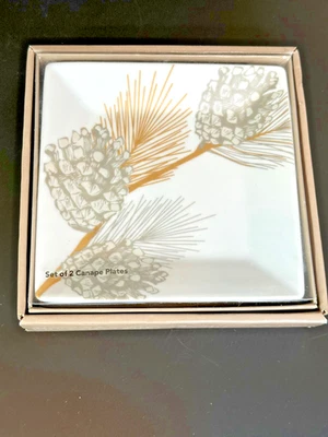 St Nicholas Square Pine Cone Pinecone Canape Appetizer Plates Set of 2 6" x 6" - Image 1 of 4