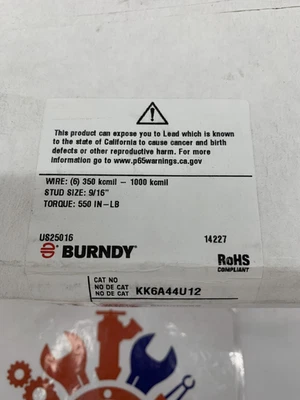 Burndy KK6A44U12 1000kcmil Terminal Lug 6-Conductors 350-1000kcmil Qty. 1 - Image 1 of 4