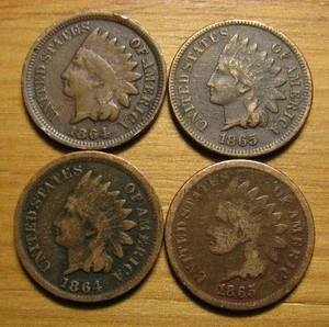 LOTE DE (4) CENTAVOS CABEZA INDIA 1864 1865 DE COLECCIÓN DE MONEDAS DE ESTADOS UNIDOS LOTE CONJUNTO DE CENTAVOS - Imagen 1 de 2