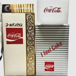 Coca-Cola Glass Set of 3 Retro Japan Collectible Drinkware Coke Gold white VTG - Picture 1 of 21