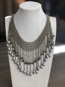 NWOT TALBOTS Gray Faux Pearl Tear Drop Smoky Gold Beaded Bib STATEMENT NECKLACE - Picture 1 of 7