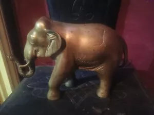 Vintage Brass Elephant Figure Statue Truck Up With Tusks Hand Etched Designs - Picture 1 of 7