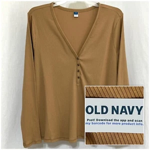 Sz 4X NWT OLD NAVY Women’s Plus Long Sleeve V Neck Beige Henley Blouse Top Shirt - Picture 1 of 8