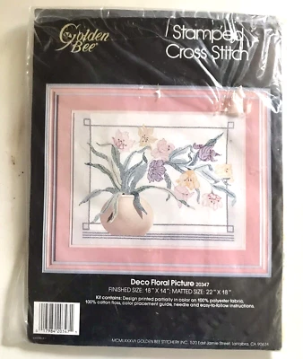 GOLDEN BEE Cross Stitch Kit DECO FLORAL PICTURE 18x14 Vintage 1987 NEW OPEN PKG - Image 1 of 4
