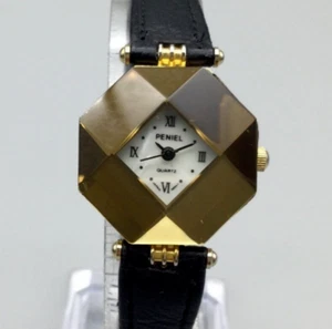 Vtg Peniel Watch Women 25mm Gold Tone Faceted Crystal Leather Band New Battery - Picture 1 of 15
