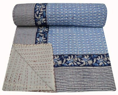 Indian Handmade Kantha Quilt Bedspread Reversible Blanket Polka Dot Print Throw - Image 1 of 4