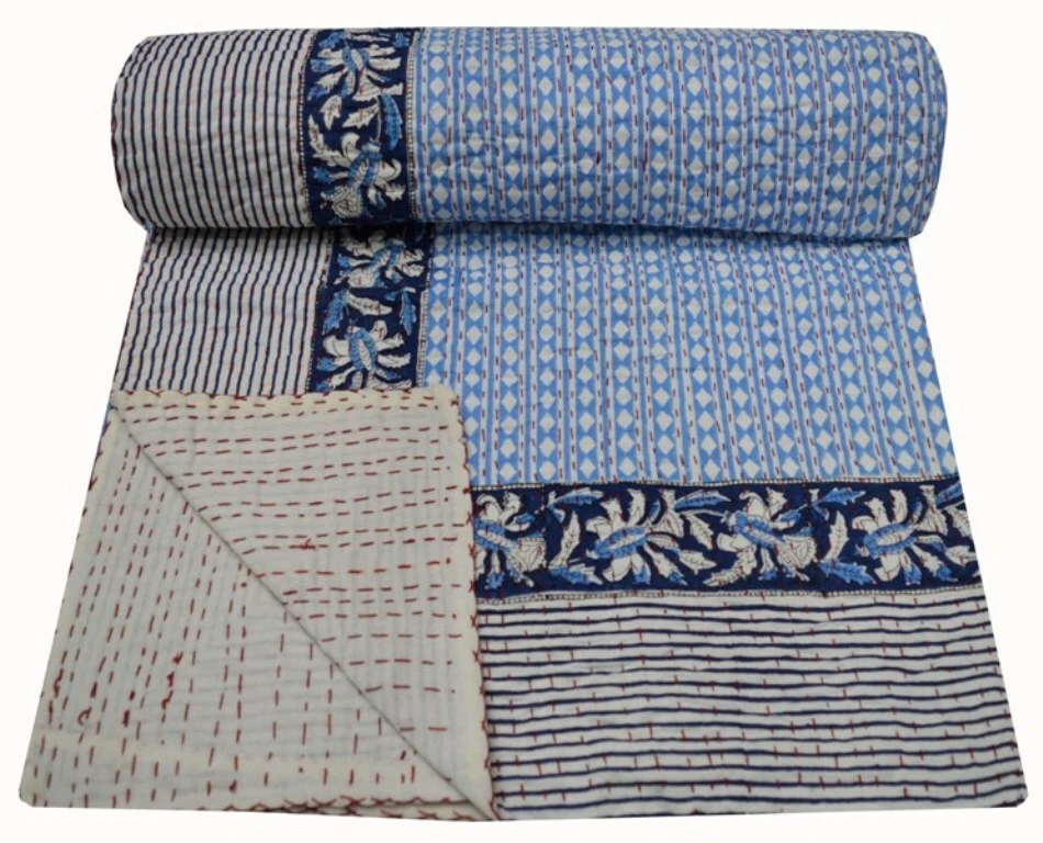 Indian Handmade Kantha Quilt Bedspread Reversible Blanket Polka Dot Print Throw - Image 1 of 4