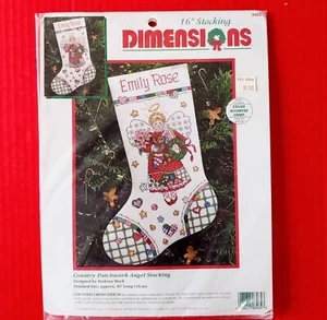 Dimension Christmas Stocking Cross Stitch Kit Country Patchwork Angel 16” 1995 - Picture 1 of 4