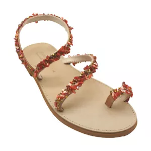 Griechische handgefertigte Sandalen Riemenleder alter Stil Damen Perlen Zehenring Blumenmuster - Bild 1 von 4