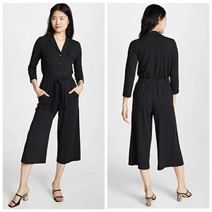 NEW Joie Jachima Jumpsuit Caviar Black Jersey Cropped Button Collar Tie XS - Picture 1 of 10