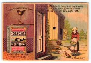 1880's SOAPINE ALADDIN'S LAMP WHALE GIRL FEEDING CHICKENS VICTORIAN TRADE CARD - Picture 1 of 2