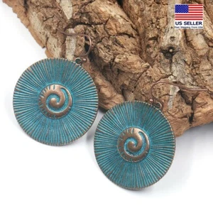 Women Vintage Bohemian Earrings Aged Bronze Radiant Stripe Disc Style Hook 1340 - Picture 1 of 4
