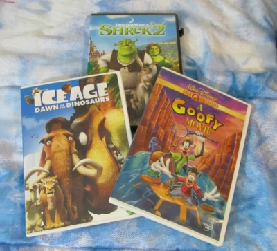 A Goofy Movie, ICE AGE  Dawn of the Dinosaur, Shrek 2 Lot of 3 DVD Movies Foto 1 de 4