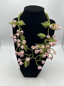 HANDMADE Seed Bead NECKLACE FLORAL 3D Cherry Blossom Flower Leaf Statement OOAK - Picture 1 of 12