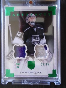 2013-14 UPPER DECK ARTIFACTS, JONATHAN QUICK, EMERALD/GAME WORN, HOCKEY CARD!!!
