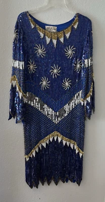 Vestido vintage años 80 Chanson D'Amour para mujer 100 % seda lentejuelas cuentas azul Foto 1 de 4