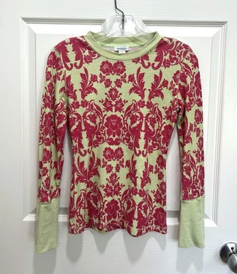 SUNDANCE Green Pink Damask Floral Top Thermal Waffle Velvet Cuff Size XS - Image 1 of 4