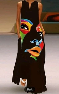 NEW BLACK DIGITAL PRINT SLEEVELESS KAFTAN MAXI V NECK DRESS W/ POCKETS MED - Picture 1 of 8