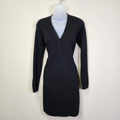 Club Monaco Evangah Sweater Dress Womens S Black Wool Ribbed Mini Button V-Neck - Image 1 of 4