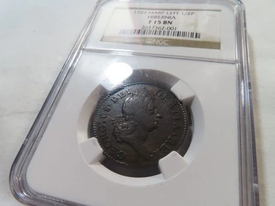 N74 USA Colonial 1722 Wood's Hibernia 1/2P Harp Left S-6600 NGC FINE-15 Brown - Image 1 of 2