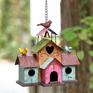 Large Bird Houses for Outside Hanging, 4 Hole Outdoor Bird House with Bell, E... - Picture 1 of 7