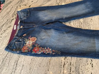 Jeans floral bordado cintura baixa vintage Venezia Y2K Boho 20 hippie - Imagem 1 de 4