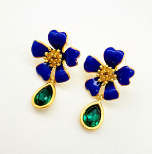 OSCAR DE LA RENTA Enamel Flower Gold Plated Earrings Zircon drop Stud Earrings
