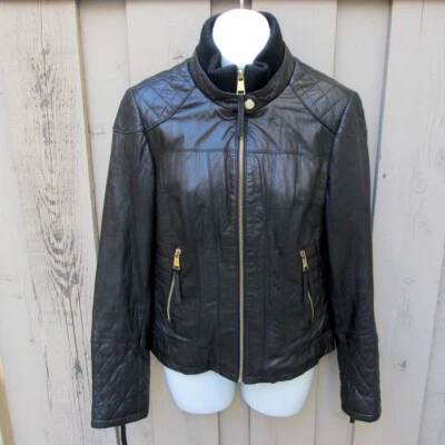 Bebe Black Leather Moto Jacket Women Sz M Zip Up Quilted Accents Knit Collar - Imagem 1 de 4