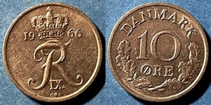 Denmark 1966 10 Ore - Frederik IX KM-849.1 Copper-nickel aUNC #14 - US Seller - Picture 1 of 1