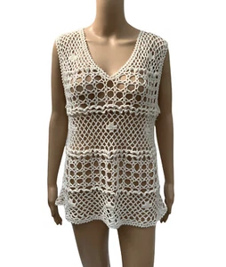 Womens Hand Open Knitted Crochet Vest Cream Beach Cover Up Sz 10 12 By Juliet - Picture 1 of 7
