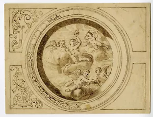 Antique Drawing-CEILING-DESIGN-CHERUBS-ORNAMENTAL-Anonymous-17-18th c. - Picture 1 of 2
