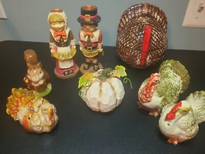 Lot of 8 Vintage Thanksgiving Fall Collectibles, Figurines, Candle, salt pepper - Picture 1 of 24