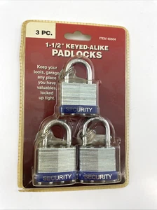 Security 3 pc Keyed-Alike Padlocks 1-1/2" New Old Stock in Package 40604 - Picture 1 of 6