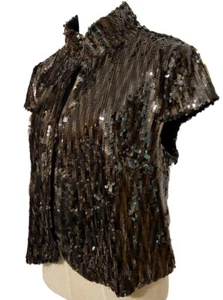 Sharon Young L Coco Marrón Lentejuelas Manga Gorra Chaqueta Chaleco Forrado Elegante Fiesta Diversión - Imagen 1 de 9