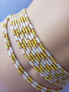African Tie on Waist Beads Yellow + Crystal + Glow Waistline Belly Chain 30"-60" - Picture 1 of 7