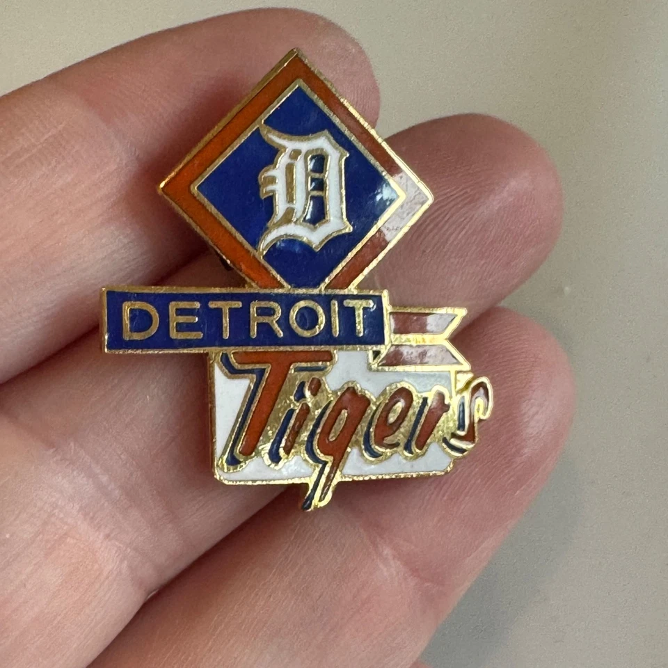 Vintage 1988 Detroit Tigers Diamond “D” Crest Script Enamel Lapel Pin - Image 1 of 3