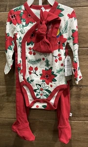 Honest 3-Piece Set Poinsettia Red White - Top, Footed Pants, Headband - 3-6 Mths - Picture 1 of 8
