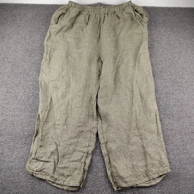 Pantalones de lino de lino verde guinga cintura elástica pantalones de salón talla L Foto 1 de 4