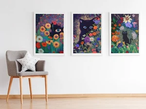 Set of 3 Claude Monet Black Cat Garden Flowers Prints Wall Art Poster Pictures - Picture 1 of 5