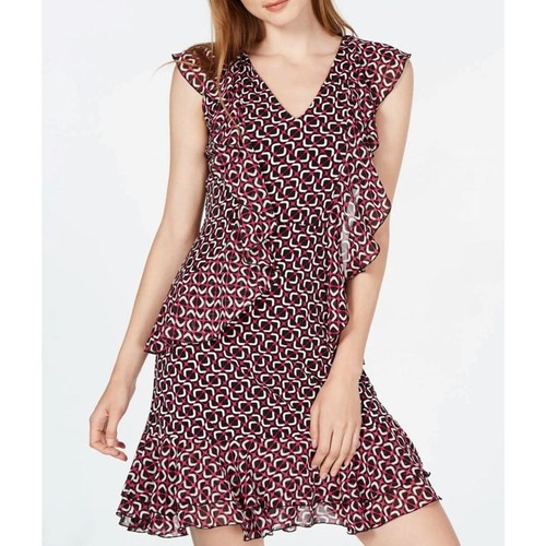 Abito nuovo con etichette Michael Kors stampa geometrica con volant nero fucsia medio