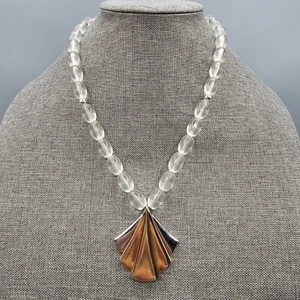 Fächer Anhänger Halskette zweifarbig Metall klar mattiert Perlen 21 Zoll - Bild 1 von 11