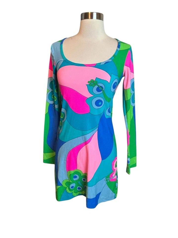 Vestido Betsey Johnson Vintage Años 90 Pequeño Mini Mangas Acampanadas Psicodélico Funky Foto 1 de 4