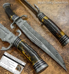 IMPACT CUTLERY RARE CUSTOM DAMASCUS BLOOD GROOVED BOWIE KNIFE | STAG ANTLER - Picture 1 of 12