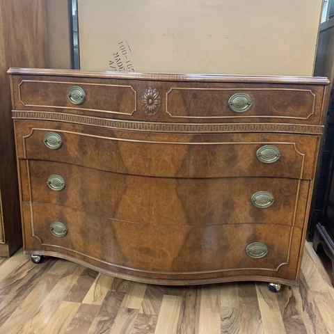 VTG 1970 Baker Burled Walnut Wood 50" Bow Dresser w/ Brass Handles - 4 Drawers Cover