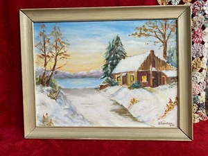 Original Oil Painting D. Robertson 1966 Snowscene with Cabin on Lake With Frame - Bild 1 von 2
