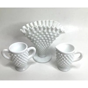 3 Hobnail Fenton Ruffled White Milk Glass Creamer Sugar Cup Fan Vase Fenton? - Picture 1 of 5