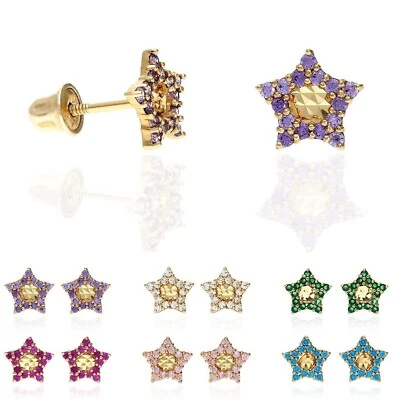 14k Solid Yellow Gold Diamond Cut Color Gemstone Little Star Stud Earrings - Image 1 of 4