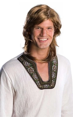 ADULT MENS BROWN MULLET 1970S 1960S HIPPY WIG COSTUME ACCESSORY - Image 1 of 2