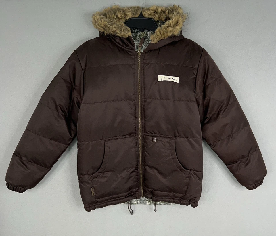 Chaqueta Meca Niños Grande 14-16 Marrón Puffer Imitación Piel Capucha Invierno Reversible Y2K Foto 1 de 4